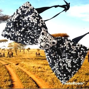 Mens blinged out leopard bowtie wedding groom black tie suit custom handmade OS